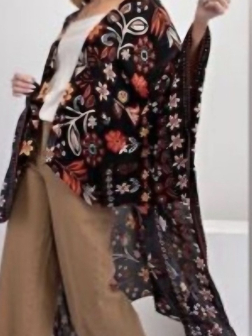 easel Black Floral Open Kimono Cardigan with Orange & Cream Accents